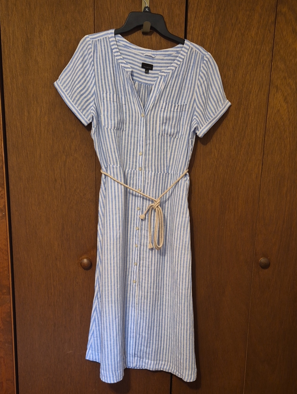 Talbots Light Blue and White Striped Midi Shirt Dress with Rope Belt SZ 10